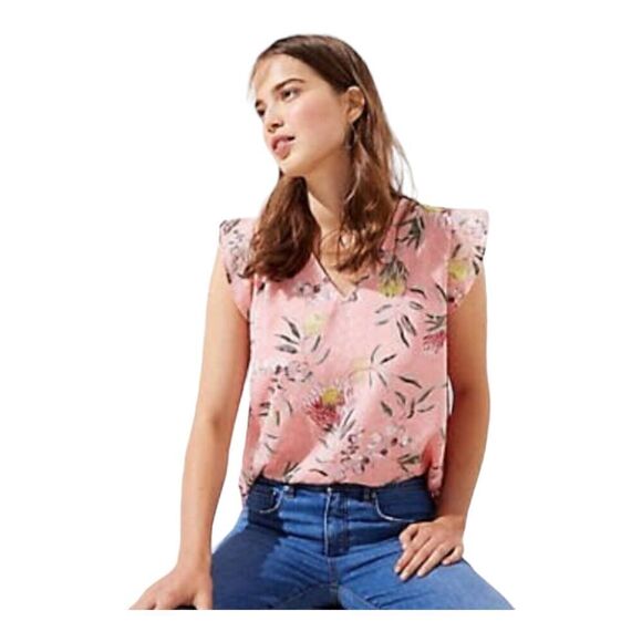 LOFT Tops - LOFT Orange Floral Flutter Sleeve V Neck Lined Tunic Blouse Size MP